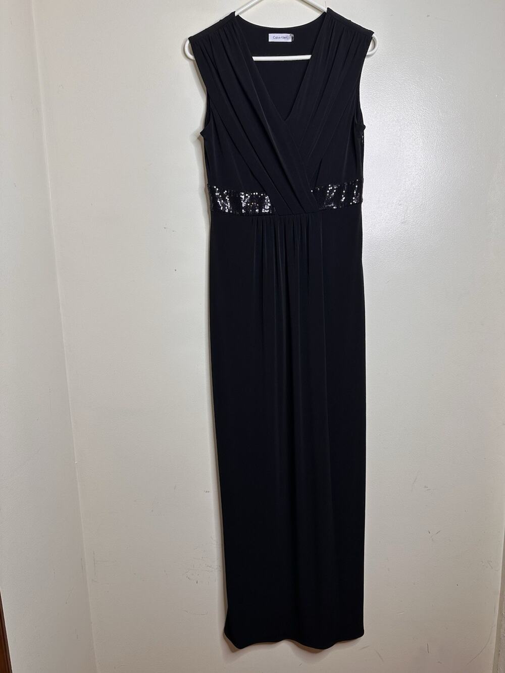 Calvin Klein Size 6 Black Formal Surplice Maxi Dress Sequin Waist Faux Wrap
